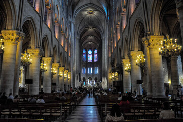 Interiors of an old church with stained glass windows
