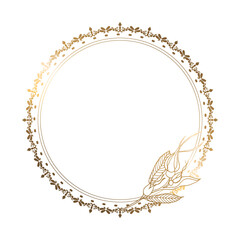 Round gold frame with flower and pattern. White background. Place for your text. Floral vector illustration.