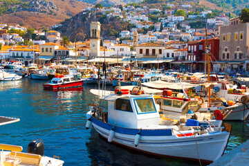 view of Boats in row in port Hydra Island at Saronikow Gulf in Greece at Capitol - 439312591
