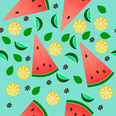 Colorful seamless summer pattern with hand made fruit elements like watermelon slice, lemon, lime, lemon leaf, flower. Pattern for design of clothes, vector illustration. Bright and juicy background.