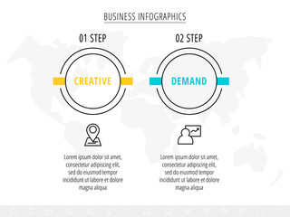 Infographics circles with icons. Line vector business concept of 2 steps by step, options, squares. Template with two ways for diagram, web, banner, presentations, flowchart, content, levels, chart