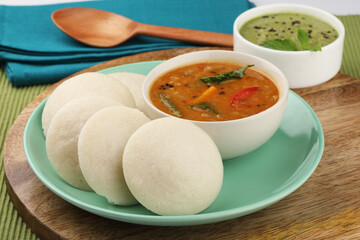 Idly with sambar, chutney  South indian breakfast
