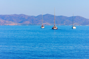 Sailing boats at Greek Island Hydra at Saronikos Gulf - 439313151