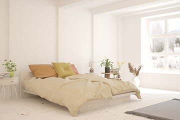 Soft color bedroom interior. Scandinavian design. 3D illustration