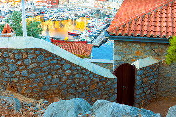 Door frame above hydras island main port in Saronikos Gulf in Greece - 439313979