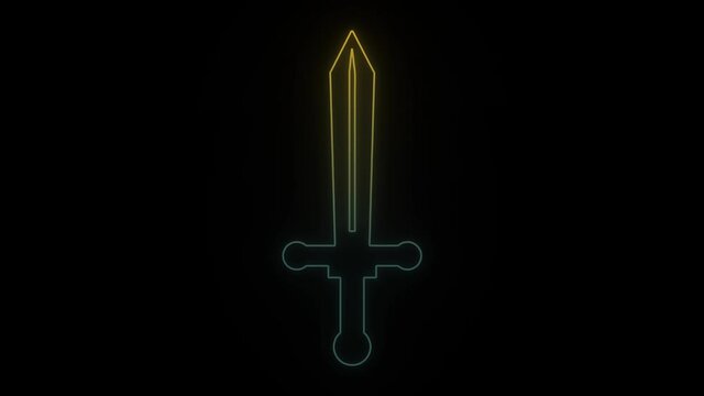 Glowing neon sword on black background. 4K video for your project.
