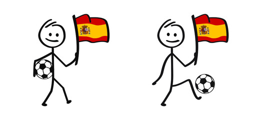 Cartoon stickman with the flag of Spain and football. Stick figure man with soccer ball. Funny vector sport icon. Sport finale or school game. 2021
