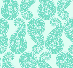 Simple and stylish vector seamless pattern with doodle spirals and squiggles similar to oriental cucumbers. Cheerful forms. Wallpaper and background with a repeating pattern. Fashionable print 