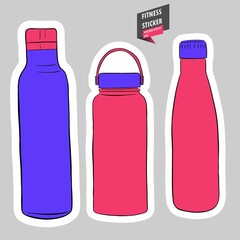 Reusable Water bottle. Hydration. Gym. Equipment. Fitness routine. Eco friendly lifestyle. Hand drawn colorful illustration. Sticker for printing. High resolution. Vector EPS10 and IPG