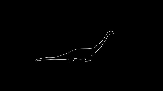 white linear silhouette of a long dinosaur. the picture appears and disappears on a black background.