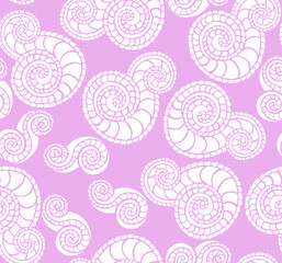 Simple and stylish vector seamless pattern with doodle spirals and squiggles similar to oriental cucumbers. Cheerful forms. Wallpaper and background with a repeating pattern. Fashionable print 