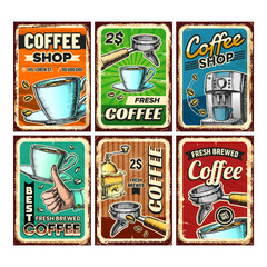 Coffee Shop Creative Advertise Posters Set Vector. Energy Drink Cup And Roasted Beans, Coffee Machine And Filter On Promotional Banners. Cafeteria Concept Template Style Color Illustrations