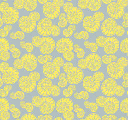 Simple and stylish vector seamless pattern with doodle spirals and squiggles similar to oriental cucumbers. Cheerful forms. Wallpaper and background with a repeating pattern. Fashionable print 