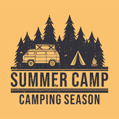 t shirt design summer camp with camping van, tent, camp fire and forest scenery flat illustration - obrazy, fototapety, plakaty