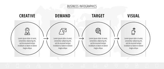 Minimal infographics circles. Line vector business concept of 4 steps by step, options, labels. Flat template with four ways for diagram, flowchart, chart
