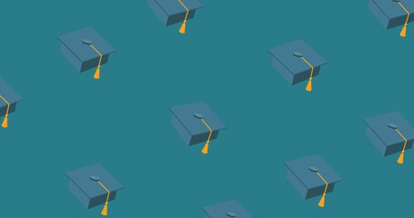 Composition of mortarboards floating on mid blue background