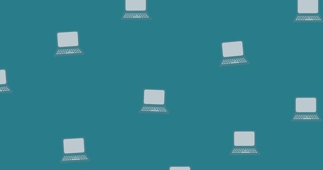 Composition of grey laptop computers floating on mid blue background