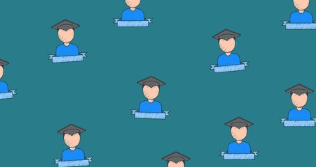 Composition of student emblems floating on mid blue background