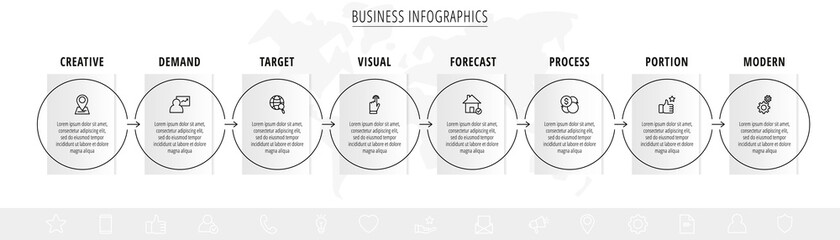 Minimal infographics circles. Line vector business concept of 8 steps by step, options, labels. Flat template with eight ways for diagram, flowchart, chart
