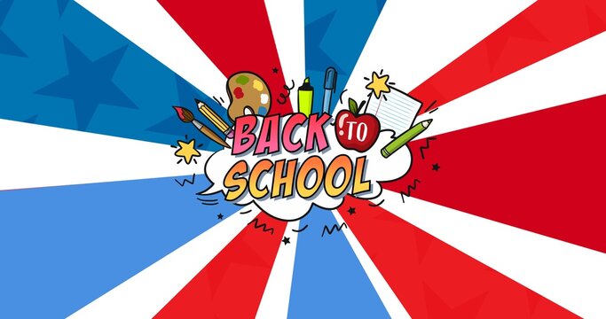 Composition of back to school text with school stationery over radiating red, blue and white bands