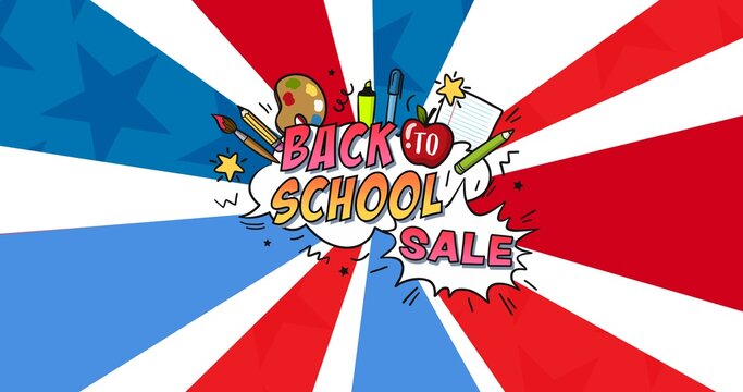 Composition of back to school sale text with stationery over radiating red, blue and white bands