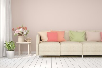 White living room with sofa. Scandinavian interior design. 3D illustration