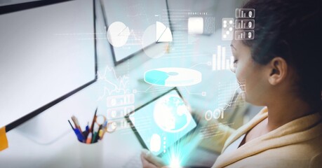 Digital interface with data processing against woman using digital tablet at office