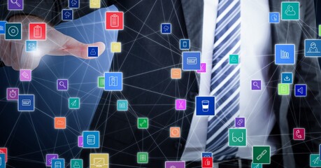 Network of digital icons against mid section of businessman scanning his thumb over invisible screen - Powered by Adobe