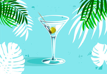 Vector illustration of a glass martini glass with an olive inside an alcoholic drink with tropical leaves in the background