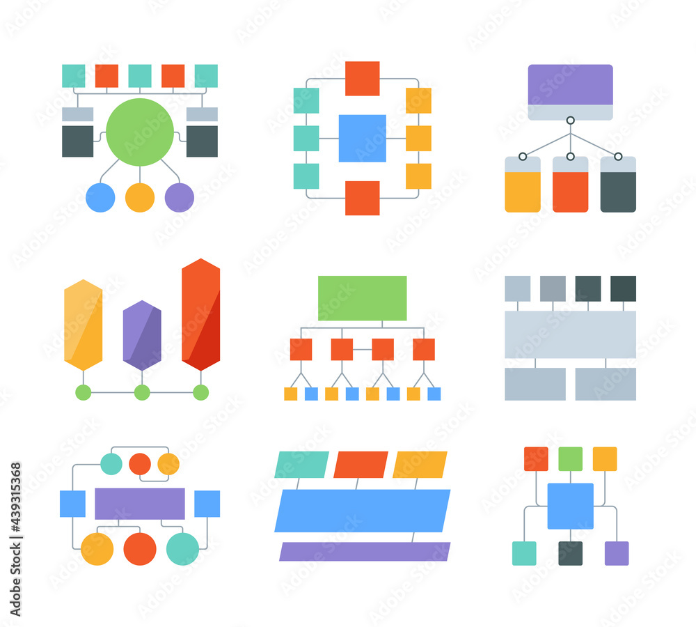 Poster Flowchart elements. Infographic templates business processes diagrams workflow chart shapes with place for text garish vector set