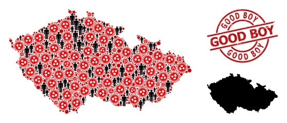 Collage map of Czech Republic united from covid virus icons and men icons. Good Boy textured seal. Black crowd items and red viral icons. Good Boy message inside round seal stamp.