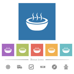 Steaming bowl flat white icons in square backgrounds