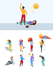 Summer warm person. Hot body sweaty tired unhealthy people in sunlight time outdoor characters with high temperature garish vector flat illustrations