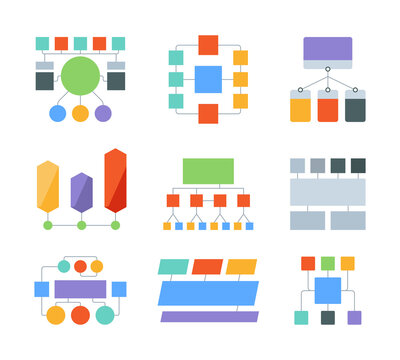 Flowchart elements. Infographic templates business processes diagrams workflow chart shapes with place for text garish vector set