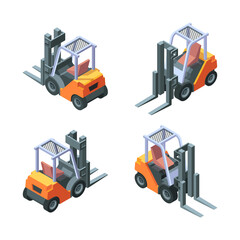 Loader isometric. Manufacturing vehicles trucks with forklift garish vector loading cars illustrations