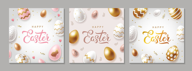 Easter greeting cards set. Collection of elegant banners with modern golden easter eggs and handwritten calligraphy. Vector illustration