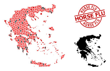 Collage map of Greece organized from virus outbreak items and men items. Horse Flu textured watermark. Black person items and red SARS virus elements. Horse Flu title is inside round watermark.