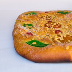 Coca de Sant Joan, a traditional sweet cake from Catalonia, Spain. It is eaten during Saint Johns...
