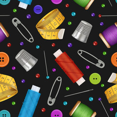 Sewing pattern. Thread reels needles scissors sewing machine measure tape decent vector seamless background with tailor hobby supplies