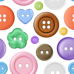 Tailor pattern. Colored buttons with thread sewing fabric textile seamless background design for fashioned clothes decent vector template
