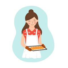 Young cute housewife holds a tray with hot pastries. Vector illustration in cartoon style with home cooking food concept. Happy mom in the kitchen preparing a treat