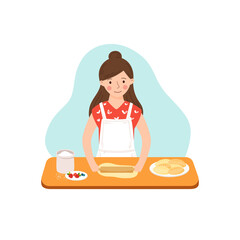 Young cute housewife rolls out dough on the kitchen table and prepares pastries. Happy girl is cooking pies at home alone. Vector illustration in cartoon style. Home made baking preparation