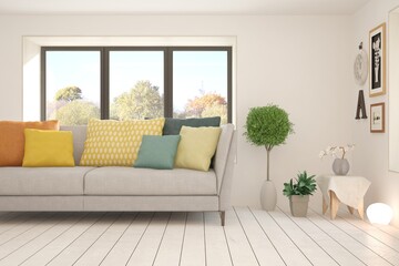 Soft color living room with sofa. Scandinavian interior design. 3D illustration