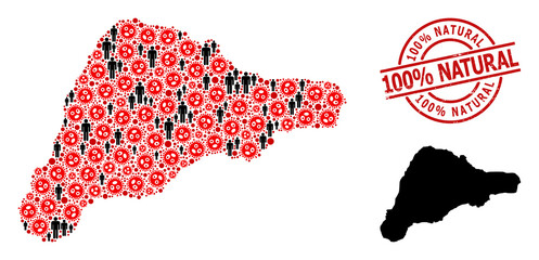 Mosaic map of Easter Island organized from virus elements and people elements. 100% Natural grunge seal. Black people elements and red sars virus items. 100% Natural title inside round seal.