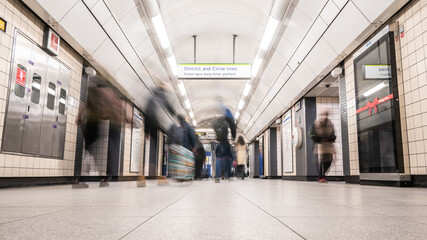 The London Underground. Long exposure abstract blur of passengers having alighted at a tube station...
