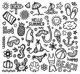 Summer doodle. Hand drawn summer icon set. Cute cartoon drawing. Coloring page. Vector print illustration