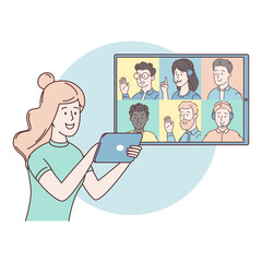 Collective virtual meeting and group video conference. Woman talking with friends online. Vector flat modern  illustration worker using tablet for videoconference, remote work, technology concept. 