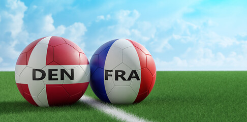 Denmark vs. France Soccer Match - Leather balls in Denmark and France national colors. 3D Rendering 