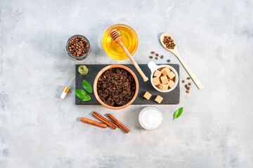 Homemade body scrub of ground coffee, sugar and coconut oil, homemade cosmetic for peeling top view