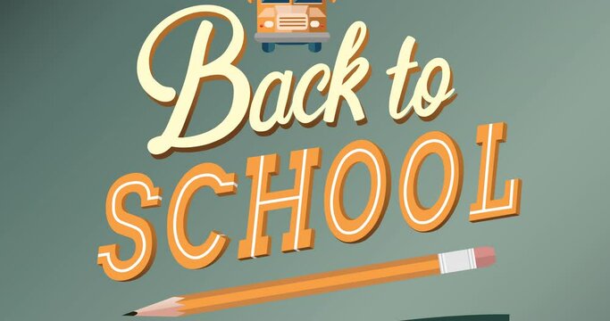 Animation of back to school bargains text with school bus and pencil logo scrolling on grey